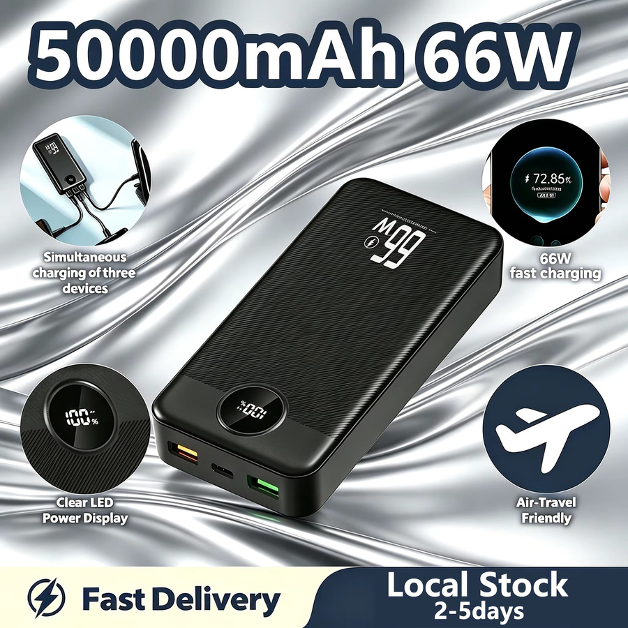 InTessry Hochleistungs-Powerbank mit 50000mAh, 66W Schnellladefunktion, 3 Ausgängen und Digitaldisplay in Schwarz oder Weiß - Bild 4