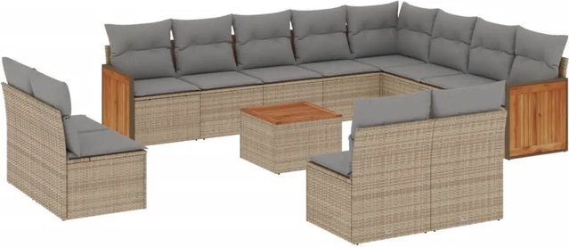 vidaXL 13-teilige Garten-Sofagarnitur aus Poly-Rattan und Akazienholz in Beige-grau mit Kissen - Bild 1