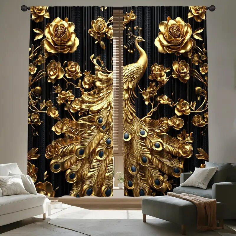 Tonnika Chen Set aus 2 eleganten Vorhängen mit goldenem Pfauenmuster aus Polyester, Breite: 100 cm, Höhe: 70 cm - Bild 2