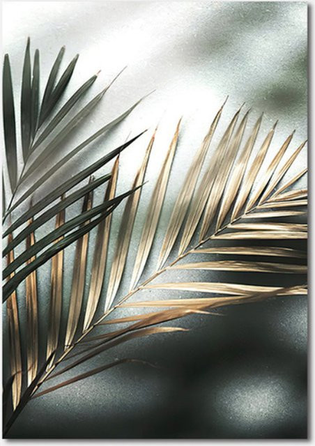 TPFLiving Luxus Poster Leinwand Goldene Blätter Modell B, Abstraktes Botanisches Design in Beige, Grau, Grün und Gold, B: 60 cm, H: 90 cm - Bild 1