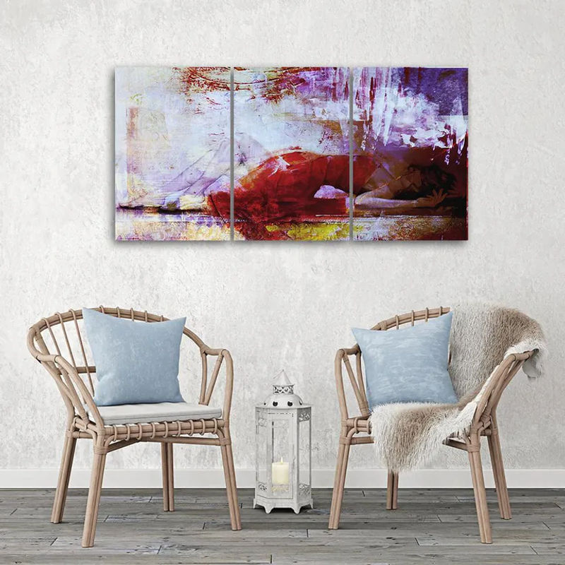 Dreiteiliger Leinwanddruck Feeby Abstraktes Porträt einer Frau in Rot, modern hängend, B/H: 60 x 40 cm - Bild 2