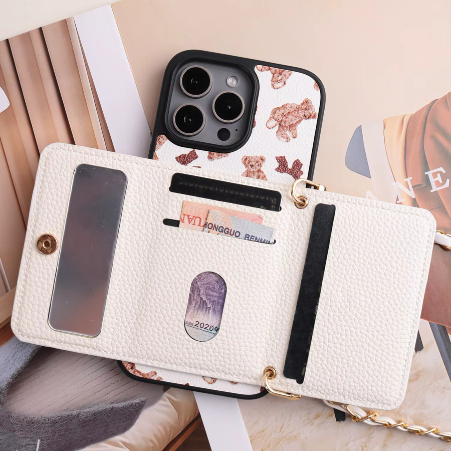 Kunstleder-Brieftaschenhülle mit Bärenmuster für iPhone 17, 16, 15 inklusive Kartenhalter, Spiegel und Umhängetasche mit Kettenriemen - Bild 3