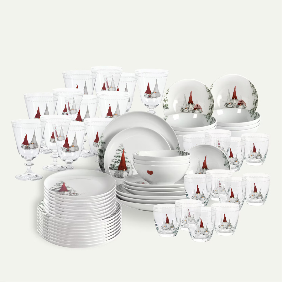 asa_selection Nordische Weihnachtswichtel Teller- und Gläser-Set, 60-teilig, für 12 Personen, Grün/Weiß - Bild 1