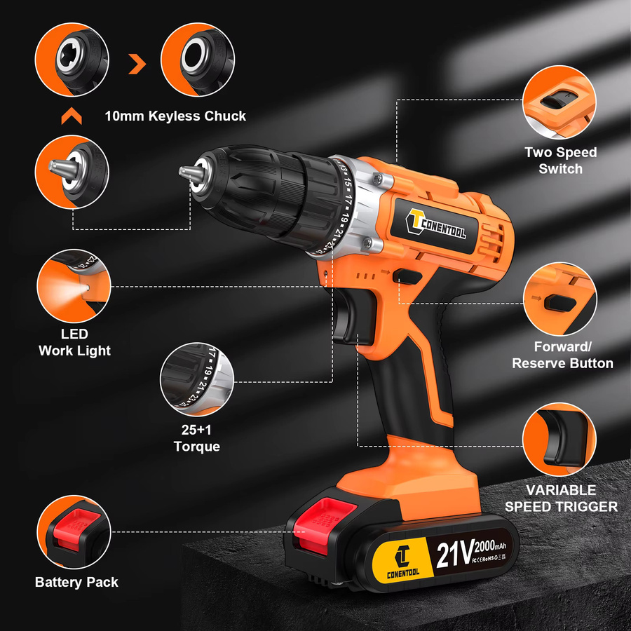 CONENTOOL 21V 36-in-1 Akku-Bohrschrauber-Set mit zwei 2000-mAh-Akkus, 45 N·m Drehmoment und LED-Licht in Grün-Orange - Bild 3