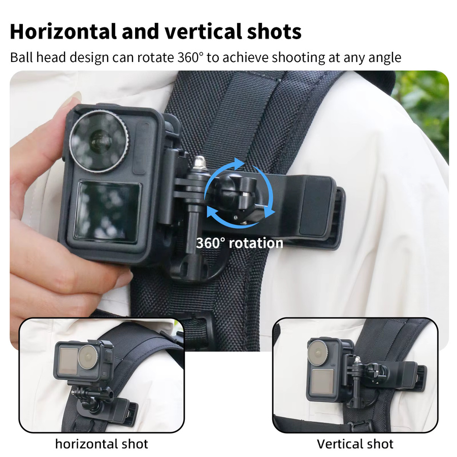 Sheingka 360 Grad Rotations Rucksack Clip Clamp Halterung in Schwarz für GoPro Hero 13 12 11 10 9 8 7 Insta360 und DJI Action Kameras - Bild 5