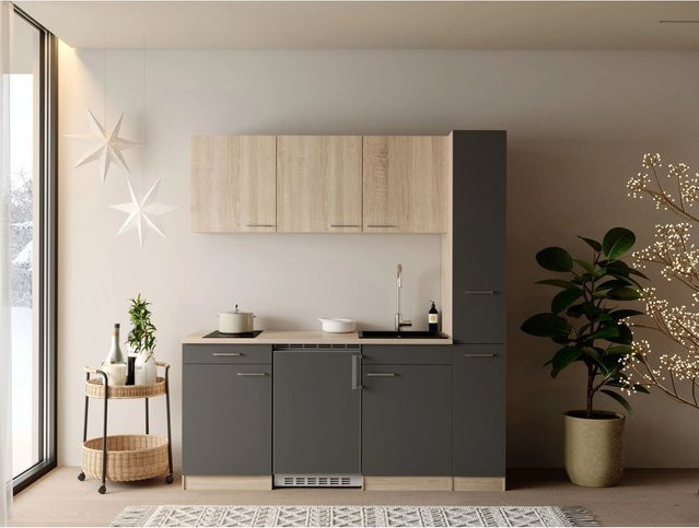 Respekta Ingrid Singleküche Grau mit Apothekenschrank, Breite: 180 cm, Höhe: 200 cm, Tiefe: 60 cm - Bild 1