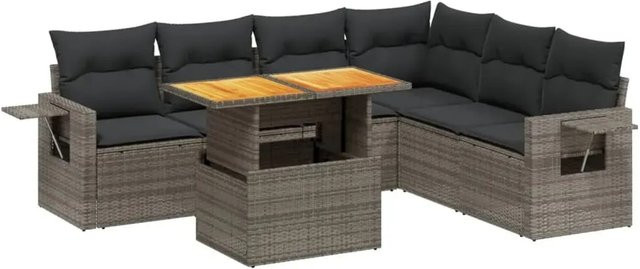 vidaXL 7-tlg Garten-Sofagarnitur in L-Form aus grauem PE-Rattan mit Kissen und Akazienholz - Bild 1