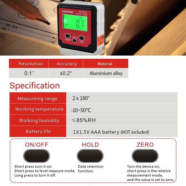 GemRed Level Box Digitales Winkelmessgerät mit magnetischer V-Groove Basis, Neigungsmesser und Füllstandsmessgerät in Rot - Bild 1