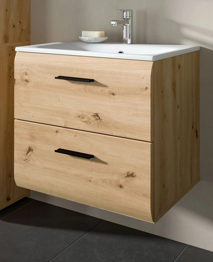 Hängender Waschtisch mit Waschbecken in Eiche Matt, Breite: 60 cm, Tiefe: 55 cm, Höhe: 46 cm - Bild 1