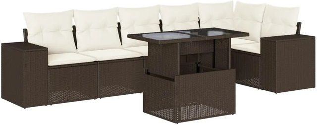 vidaXL 7-teilige Garten-Sofagarnitur in L-Form aus braunem Poly-Rattan mit cremeweißen Kissen und pulverbeschichtetem Stahlgestell - Bild 1