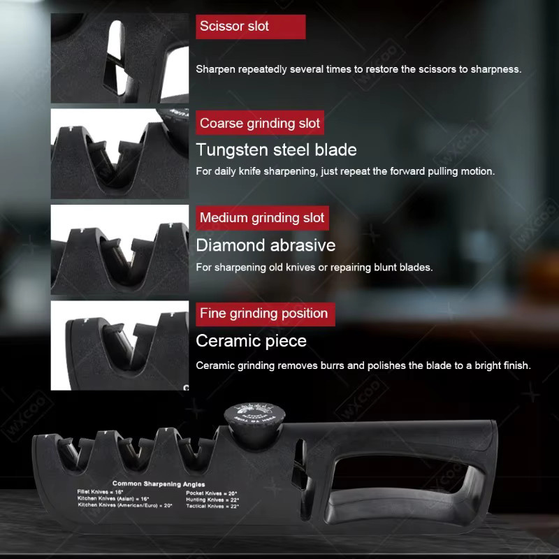 WXCOO 4-in-1 Küchenmesserschärfer in Schwarz mit rutschfestem ergonomischem Griff für Messer und Scheren - Bild 2