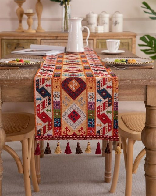 ILVISEST Tischläufer im Boho-Stil aus Jacquard-Baumwollmischung, Orange-Braun Multicolour, B/H: 33 x 120 cm - Bild 1