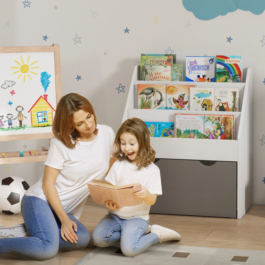 AIYAPLAY Kinderregal aus MDF mit 3 Ablagen und Schublade, Weiß und Grau, B/T/H: 62,5 x 30 x 70 cm - Bild 2