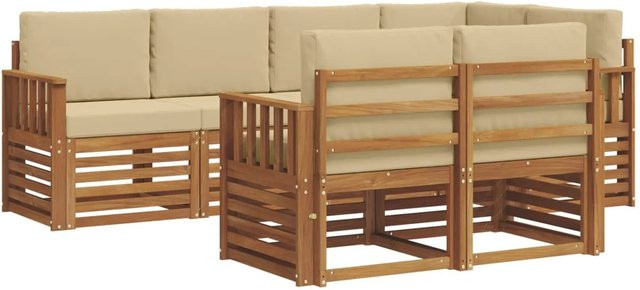vidaXL Sofagarnitur 7-teilig aus Massivholz Akazie in Natur und Beige mit L-Form und Polsterkissen - Bild 1