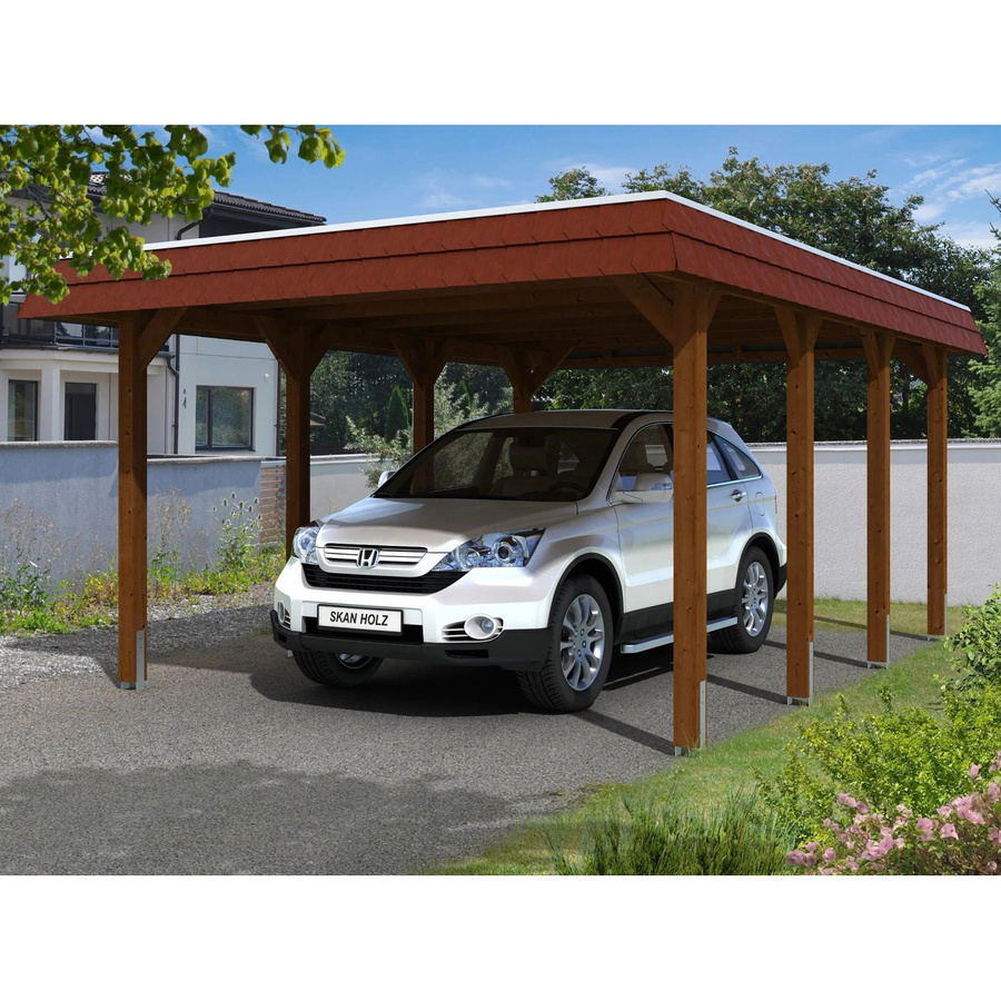 Skan Holz Carport Spreewald aus Nadelholz mit roter Blende in Nussbaum mit flacher Dachform und Regenrinne - Bild 2