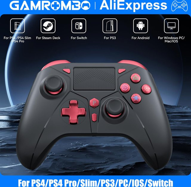 GAMROMBO Drahtloser Game-Controller für PS4, PS3, PC, iOS und Nintendo Switch mit Dual Vibration, 6-Achsen-Gyro und 3,5-mm-Klinkenanschluss in Schwarz-Rot - Bild 1