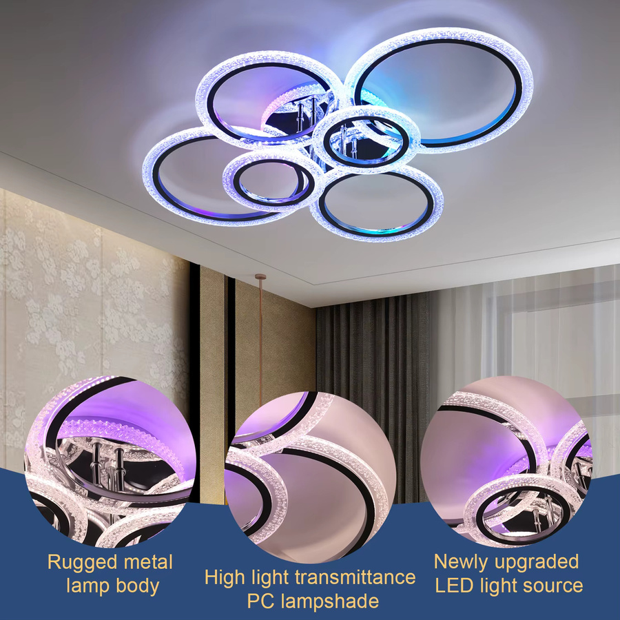 Oyajia LED-Deckenleuchte mit 6 Acryl-Ringen, RGB-Hintergrundbeleuchtung, dimmbar mit Fernbedienung, 60W, modern Flush-Mount Design - Bild 2