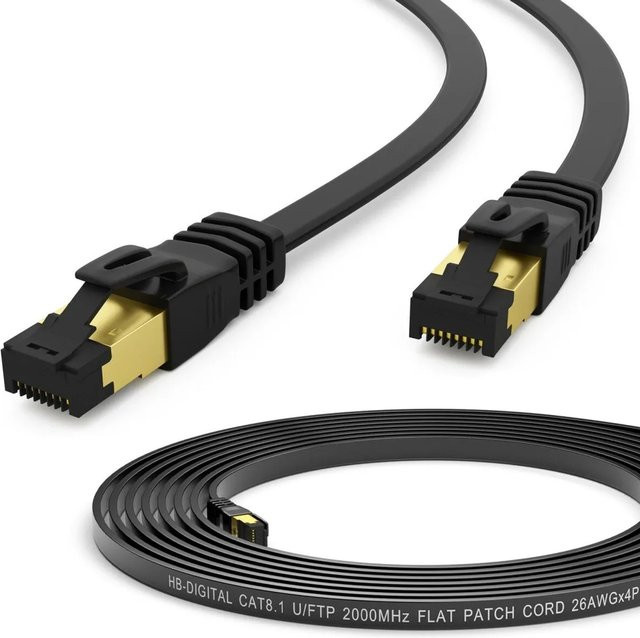hb-digital LAN Kabel CAT 8.1 Flach Schwarz, 1,5 m, U/FTP RJ45 Ethernet Kabel 40Gbps 2000 MHz aus reinem Kupfer - Bild 1