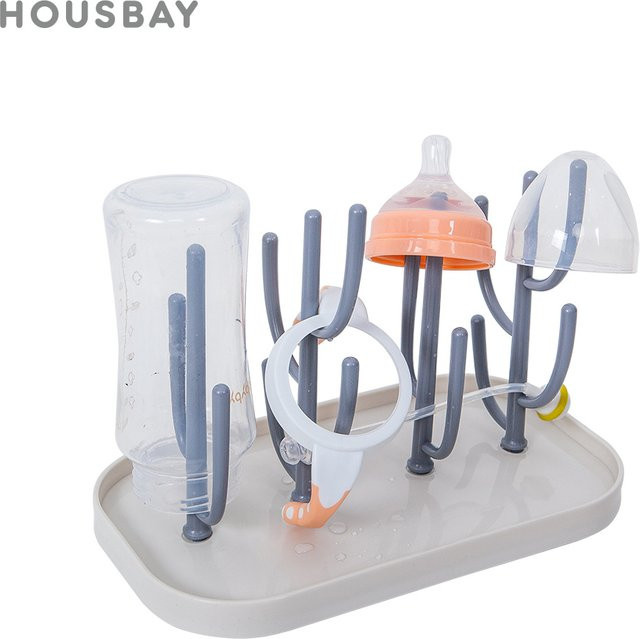 HOUSBAY Babyflaschen Trockengestell in Kaktus-Form, tragbarer Flaschenhalter zum Trocknen und Reinigen, Beige oder Grau - Bild 1