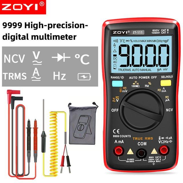 ZOYI Digitalmultimeter mit 9999 Counts, True RMS, Auto-Range, NCV und Anti-Burn-Schutz, Elektriker-Tester für AC/DC-Spannung, Strom und Temperatur, Rot - Bild 1