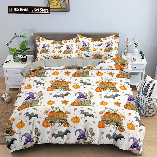 Halloween Bettwäsche Set mit Cartoon Kürbislaterne und Geist, 3-teiliges Bettbezug Set für Kinder, B/H: 135 x 200 cm - Bild 1