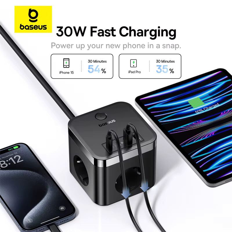 Baseus PowerCombo Cube Verlängerungskabel mit 3 Schuko-Steckdosen, 2 USB-A und 2 USB-C, Schwarz - Bild 3