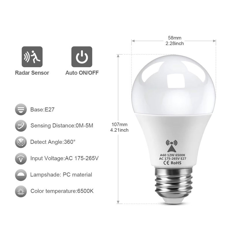 MALITAI LED Nachtlicht mit Radar-Bewegungssensor, E27 Birne 12W, Cool White, Weiß - Bild 2