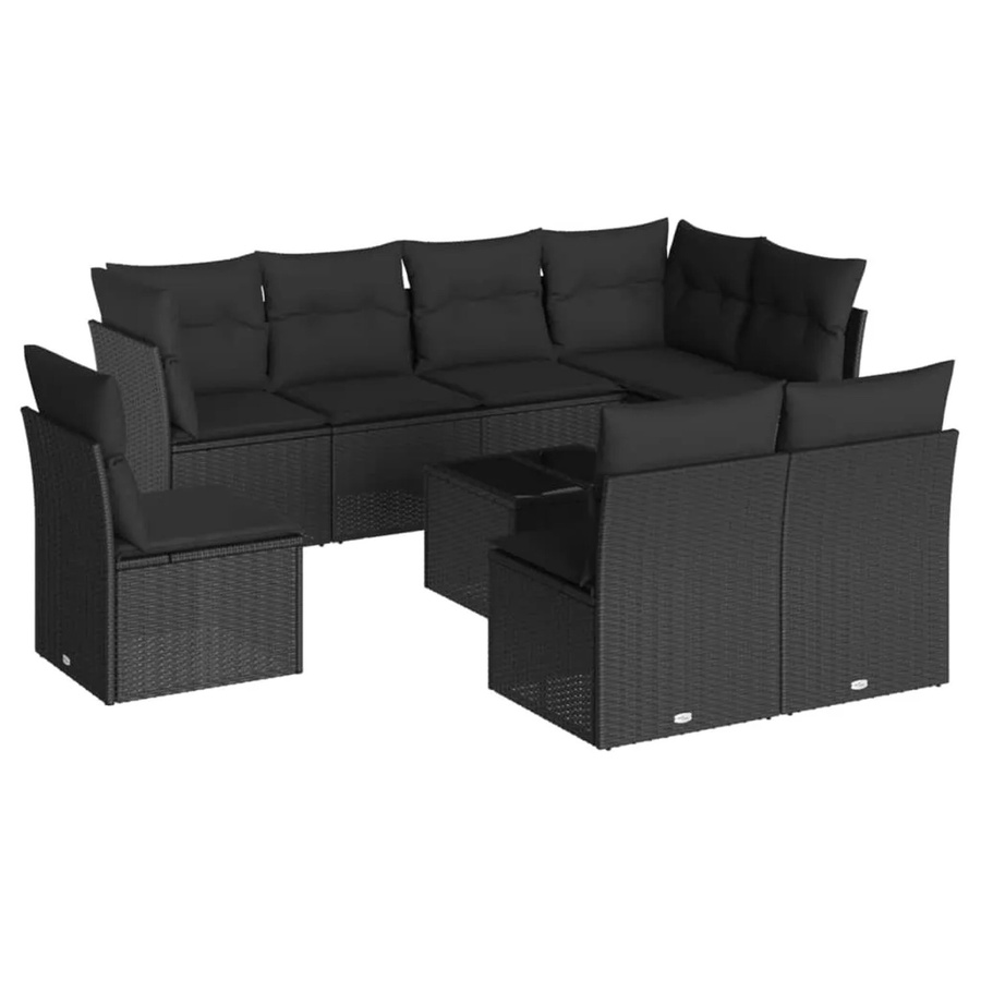 vidaXL 9-tlg. Garten-Sofagarnitur in U-Form aus Polyrattan mit Kissen, Schwarz - Bild 2