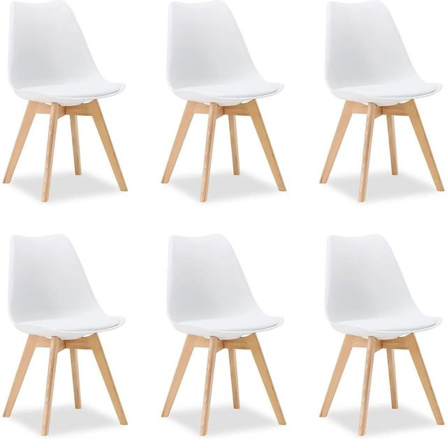 Homestyle4u Set aus 6 Küchenstühlen in Weiß mit Kunstleder und Buchenholz im skandinavischen Design - Bild 1