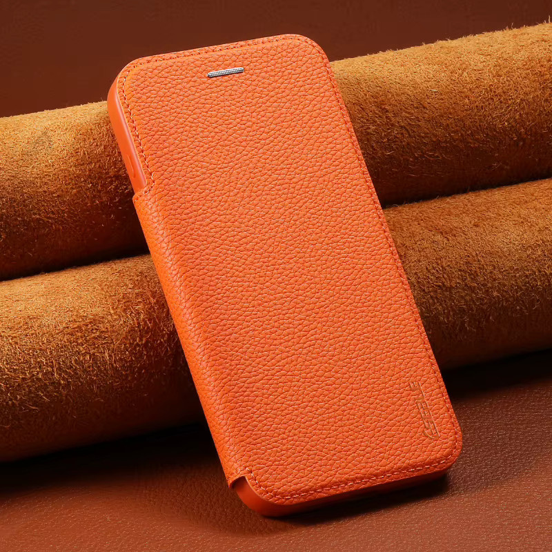Leder Handyhülle Flip Wallet mit Kartensteckplatz für Apple iPhone 17 16 15 14 13 Pro Max Air Bumper Cover in Blau und Orange - Bild 4