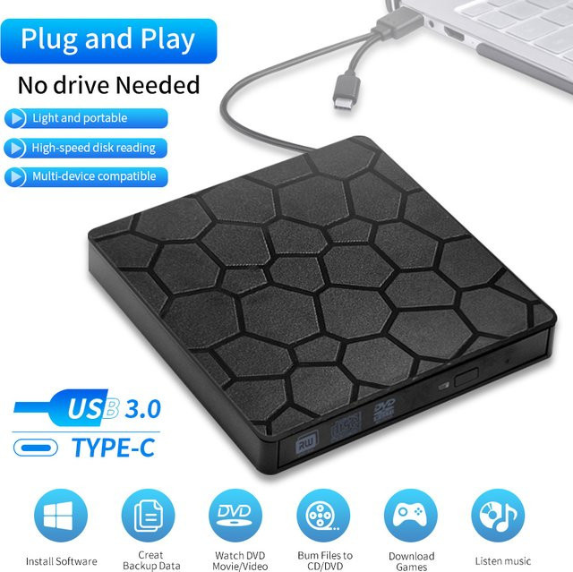GGBEE 2-in-1 Externes DVD-RW Laufwerk mit USB 3.0 und USB-C, Ultradünner CD/DVD Brenner und Player in Schwarz - Bild 1
