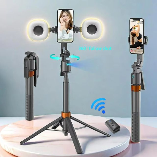 SJBOB 360 Grad drehbarer Selfie-Stick Stativ mit Smart Face Tracking und 2 LED-Leuchten in Schwarz - Bild 1