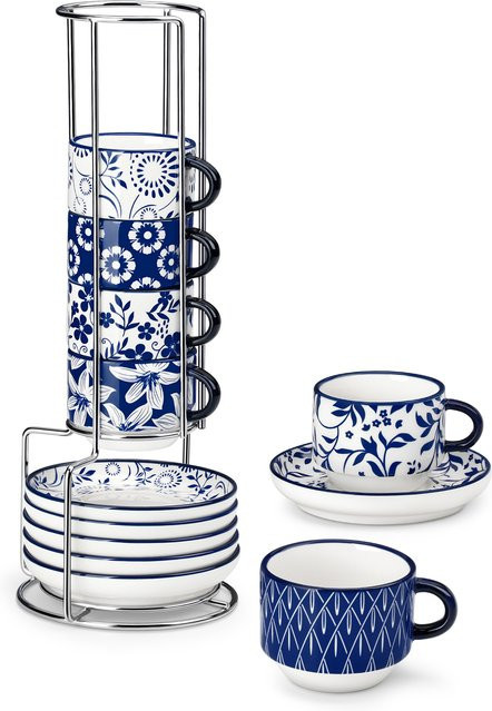 vancasso Porzellan Tassenset mit Untertassen und Metallständer, 6er-Set in Weiß für Espresso, Cappuccino, Latte und Tee - Bild 1