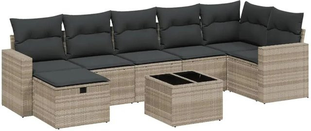 vidaXL 8-tlg Garten-Sofagarnitur in L-Form mit Kissen und Couchtisch, Hellgrau, Poly Rattan und Metallrahmen - Bild 1