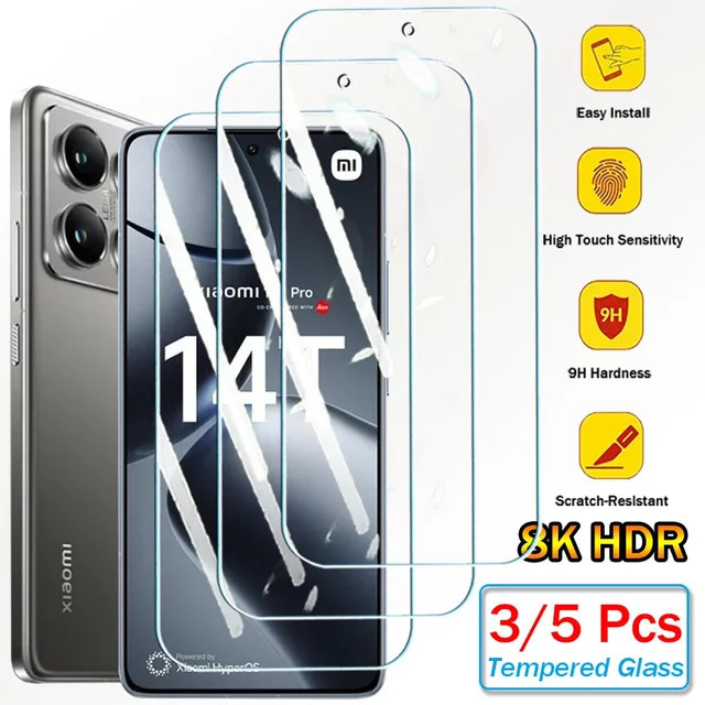 3/5 Stück Displayschutzfolie aus gehärtetem Glas für Xiaomi Mi 15 Ultra, 14 T und Mi14T Pro, transparent, HD, 9H kratzfest und ultradünn - Bild 1