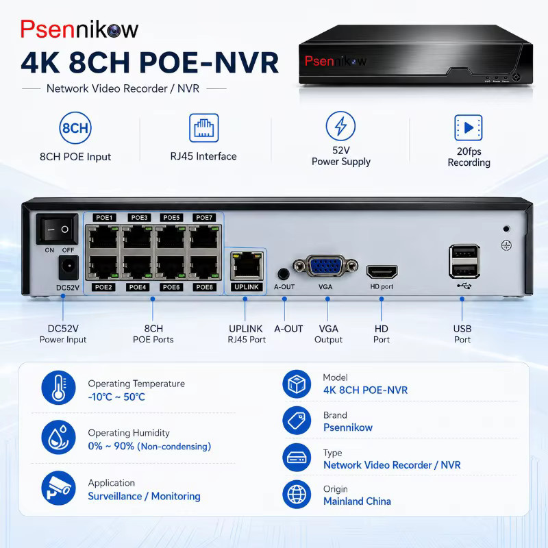 Psennikow Tuya NVR Smart PoE 8MP Sicherheits-IP-Kamera Videoüberwachungs-CCTV-System in Schwarz - Bild 2