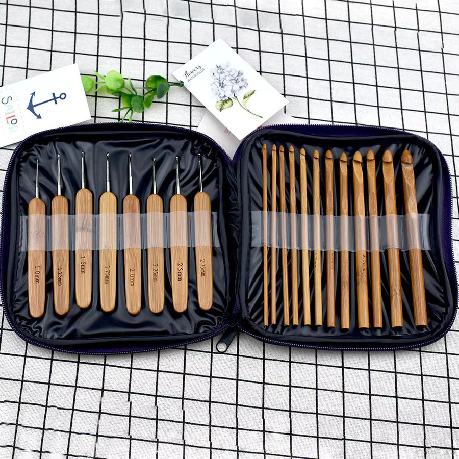 Häkelnadel-Set aus karbonisiertem Bambusholz in Braun mit Aufbewahrungsbox für DIY-Handarbeiten - Bild 3