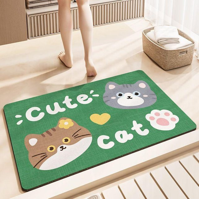 Rutschfeste und saugfähige Badezimmer-Toilettenmatte mit Katzenmotiv in Grün, schnelltrocknend aus Kieselgur, Breite: 40 cm, Tiefe: 60 cm - Bild 1
