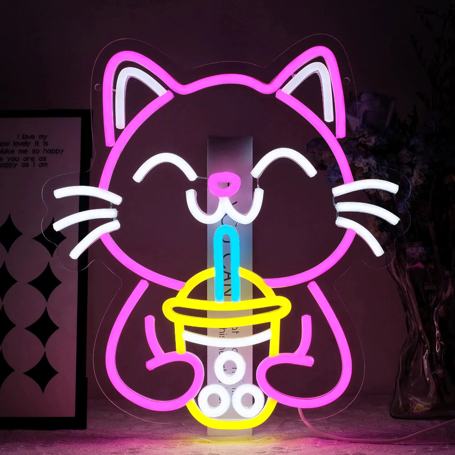 Dimmbare LED Neon-Leuchtreklame Katze Boba Tee Wanddekoration in Multicolour für Café und Bar - Bild 2