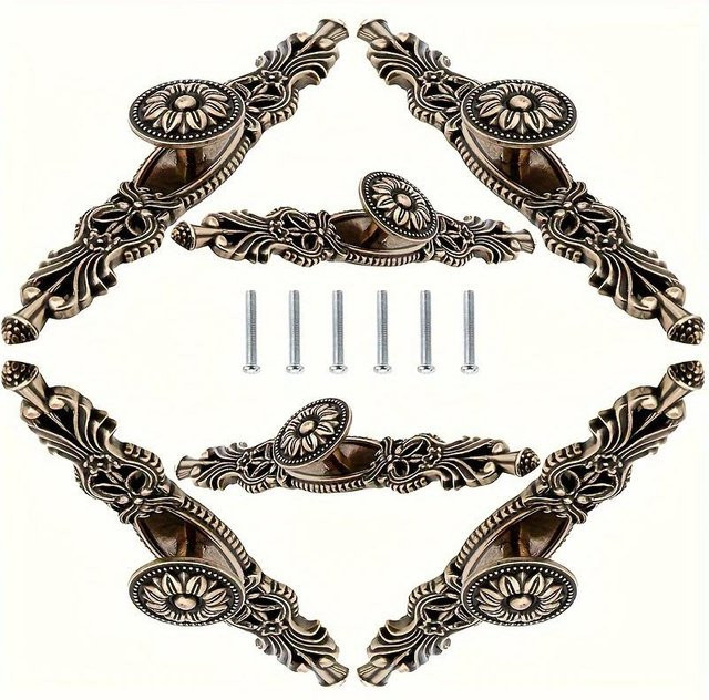 SZ-Damai Möbelgriffe Set aus Messing in Antik Bronze mit Zierplatte für Schränke und Schubladen, 6 Stück - Bild 1