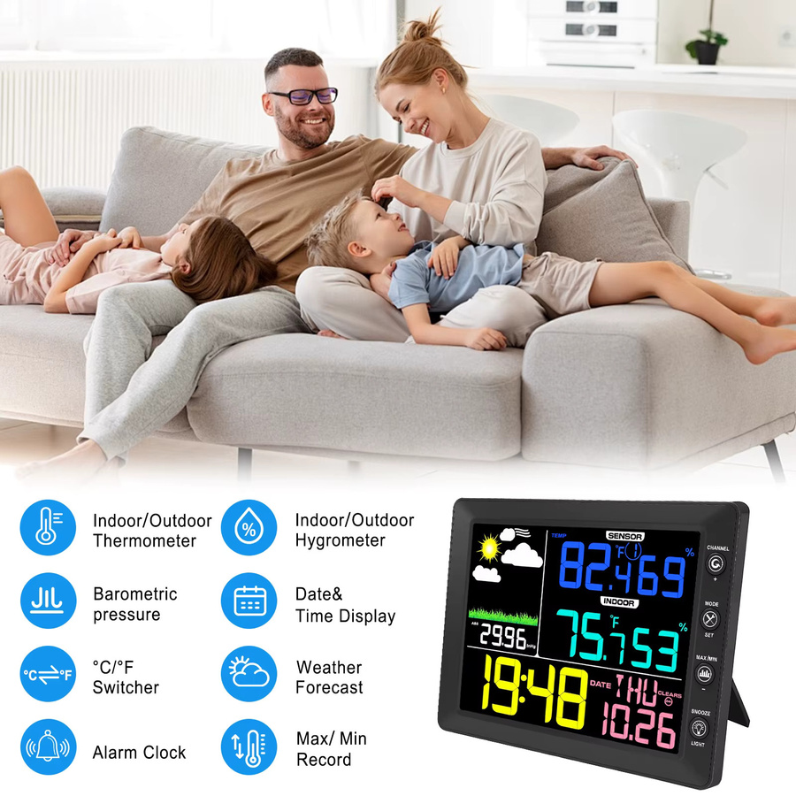 Urageuxy Digitale Wetterstation 2025 mit 8,3 Zoll Farb-Touchscreen, kabelloses Thermometer mit 3-in-1-Sensor für Innen und Außen sowie Taupunktmonitor, Schwarz - Bild 2