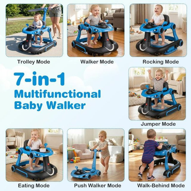 6-in-1 Babywalker mit Verdeck und Musik, tragbares Aktivitätscenter, Babywippe und Schaukel-Kombination in Blau - Bild 1