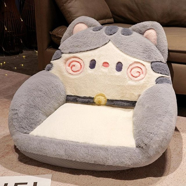 Kawaii Cartoon Katze Stofftier Schlafkissen als Lendenstützkissen für Bürostuhl oder Sofa, Grau, Rund - Bild 1