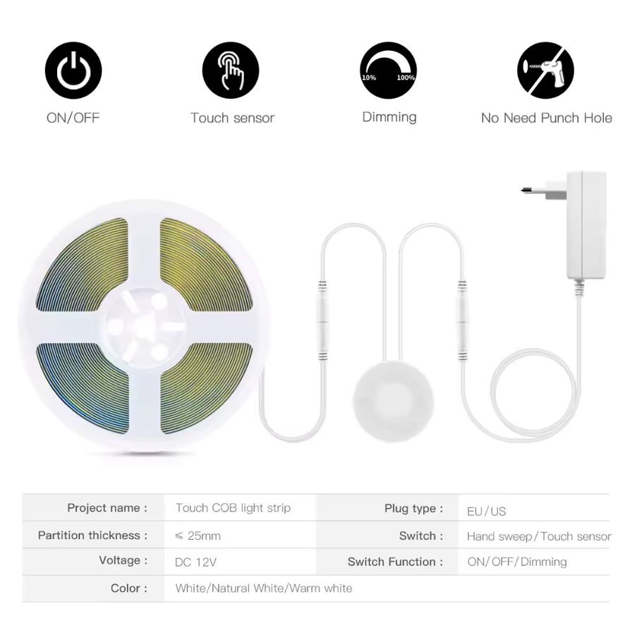YSRSAI COB LED Streifen mit Touch Dimmer und Hand Sweep Induktion Schalter, 12V, Warmweiß, 320 LEDs/m - Bild 2