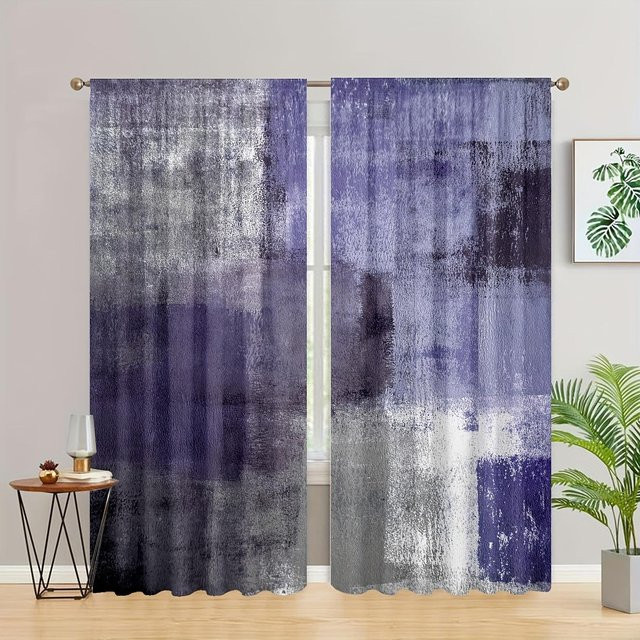 2 Stück abstrakte Fenstervorhänge mit Grafikdesign in Lila, halbtransparent, B: 50 cm, H: 130 cm - Bild 1