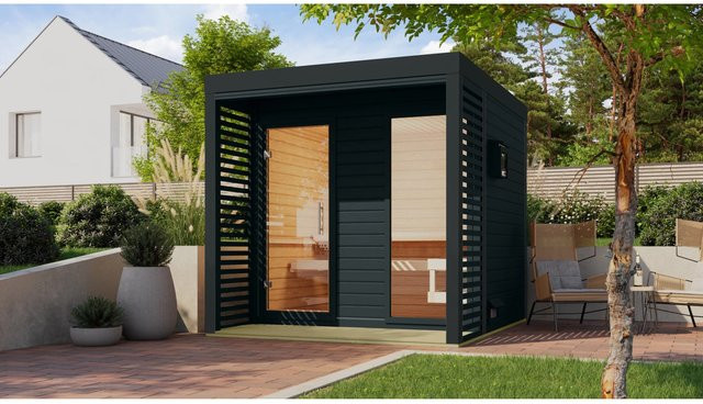 Karibu Saunahaus Seros 2 aus Fichte in Anthrazit mit 9 kW Ofen und externer Steuerung - Bild 1