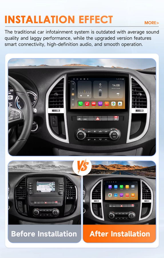 Hizpo 2Din Android Autoradio für Mercedes Benz Vito W447 2014 - 2021 mit 10,1 Zoll Display, Snapdragon 6115, CarPlay, GPS Navigation und 360CAM in Schwarz - Bild 2