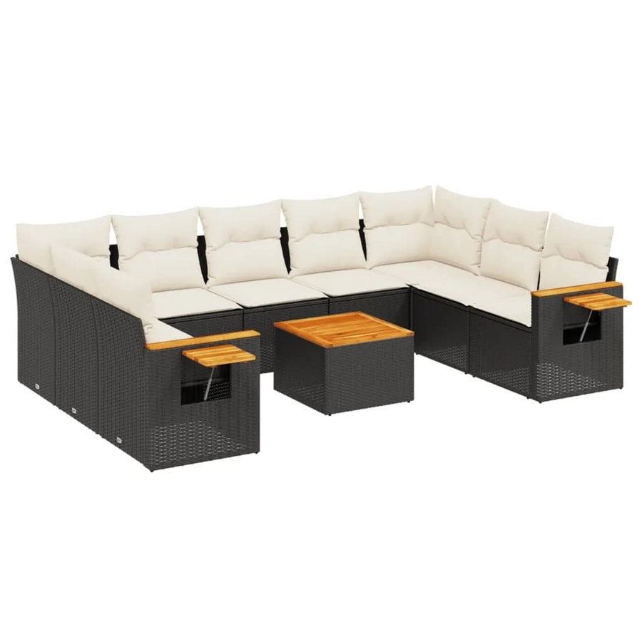 vidaXL 10-tlg Garten-Sofagarnitur in L-Form aus Polyrattan und Akazienholz mit Kissen, Schwarz - Bild 2