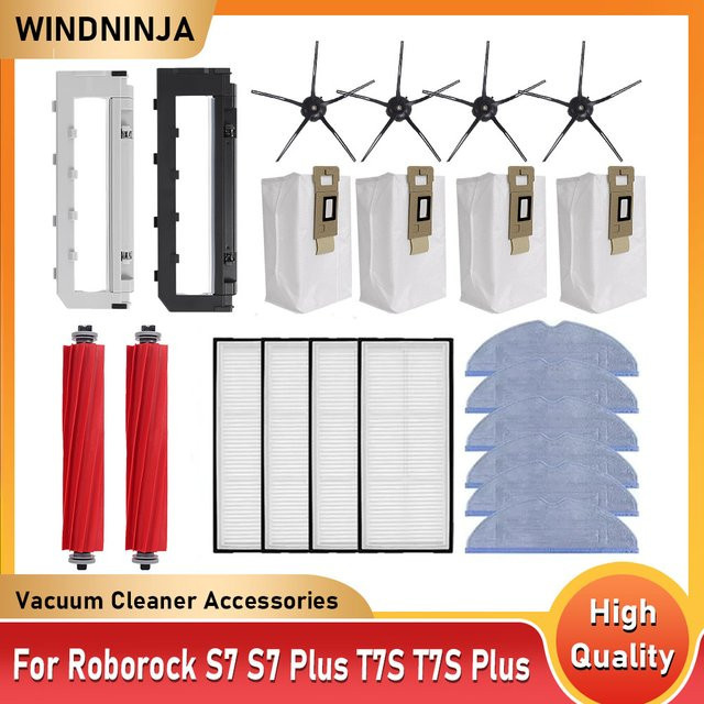 WINDNINJA Ersatzteil-Set für Roborock S7 S7 Plus S7+ T7S T7S Plus: Hauptbürste, Filter, Wischtücher und Staubbeutel - Bild 1