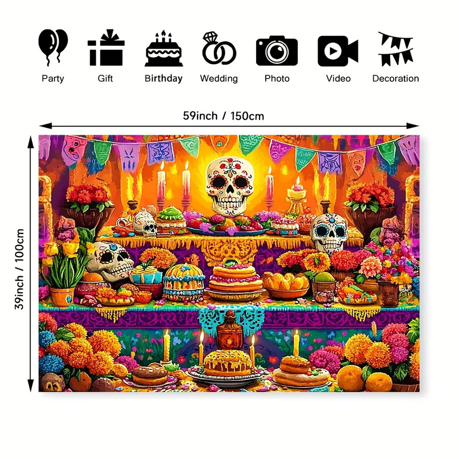 VIKAMA Day of the Dead Wandteppich mit floralem Zuckerschädel-Muster in Multicolour, mexikanisches Banner für Halloween, Hochzeiten und Geburtstage, B/H: 100 x 75 cm - Bild 2